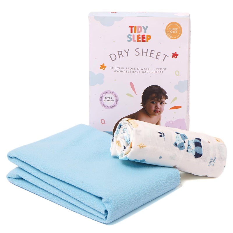 TIDY SLEEP Waterproof Baby Dry Sheet with Muslin Swaddle for New Born Baby Blue Medium (Mom & Me) - Image 1