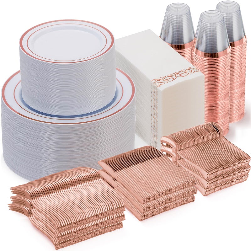 Goodluck 700 Piece Rose Gold Dinnerware Set for 100 Guests Plastic Plates Disposable for Party Include 100 Dinner Plates 100 Dessert Plates 100 Paper Napkins 100 Cups 100 Silverware Set