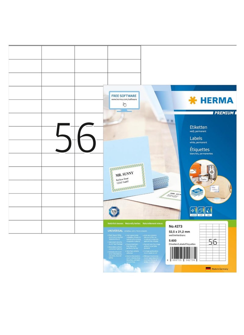 Herma Herma Multi-Purpose Self-Adhesive Labels, 56 Labels Per A4 Sheet, 100 Sheets, 52.5 x 21.2mm, 5600 Labels, Blank Universal Labels, Adhesive Labels for Laser and Inkjet Printers, White  - Image 1