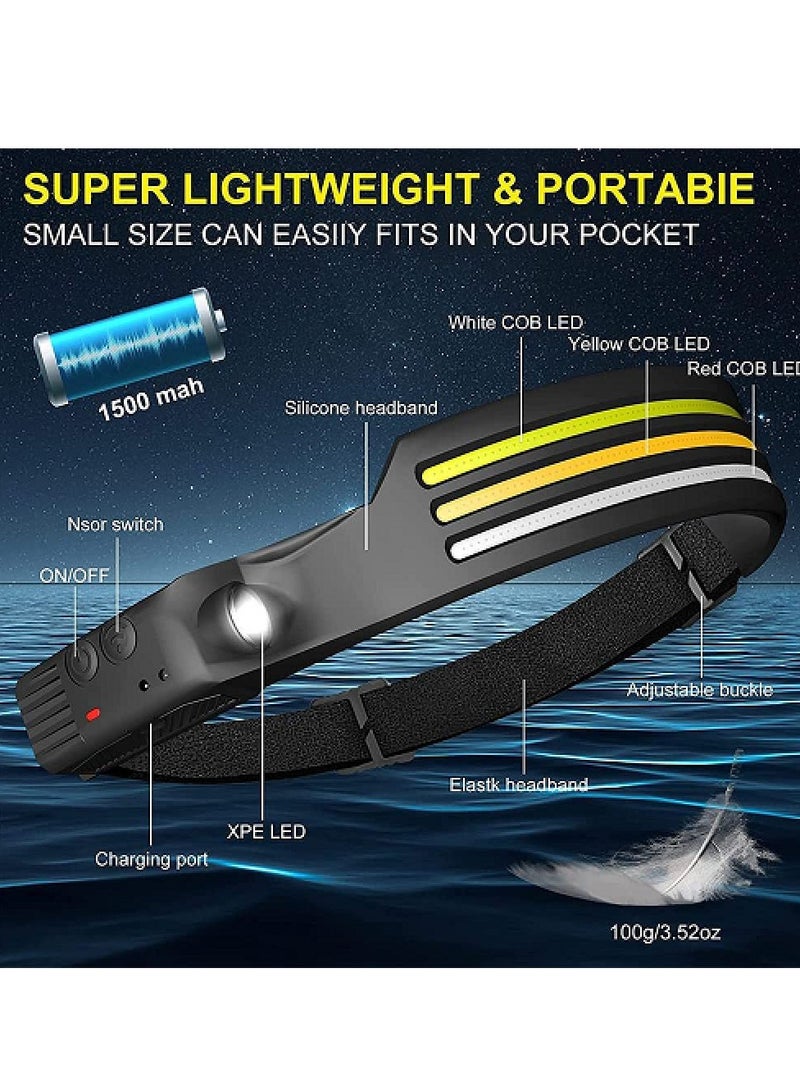 مصباح و كشاف الرأس 3 صفوف - لاسلكي LED قابل لإعادة الشحن للتخييم ، مصباح أمامي للإضاءة 230 درجة مع مستشعر الحركة ، خفيف الوزن ، مقاوم للعوامل الجوية ، مصباح أمامي بمصدران للضوء ، مصباح يدوي للتخييم ، - Image 2