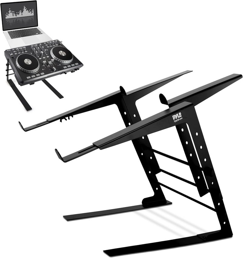 Pyle Portable Dual Laptop Stand - Standing Table with Adjustable Height, Ergonomic Design & Anti-Slip Prongs for DJ Mixer, Sound Equipment, Workstation, Gaming & Home Use - PLPTS38, Black - Image 1