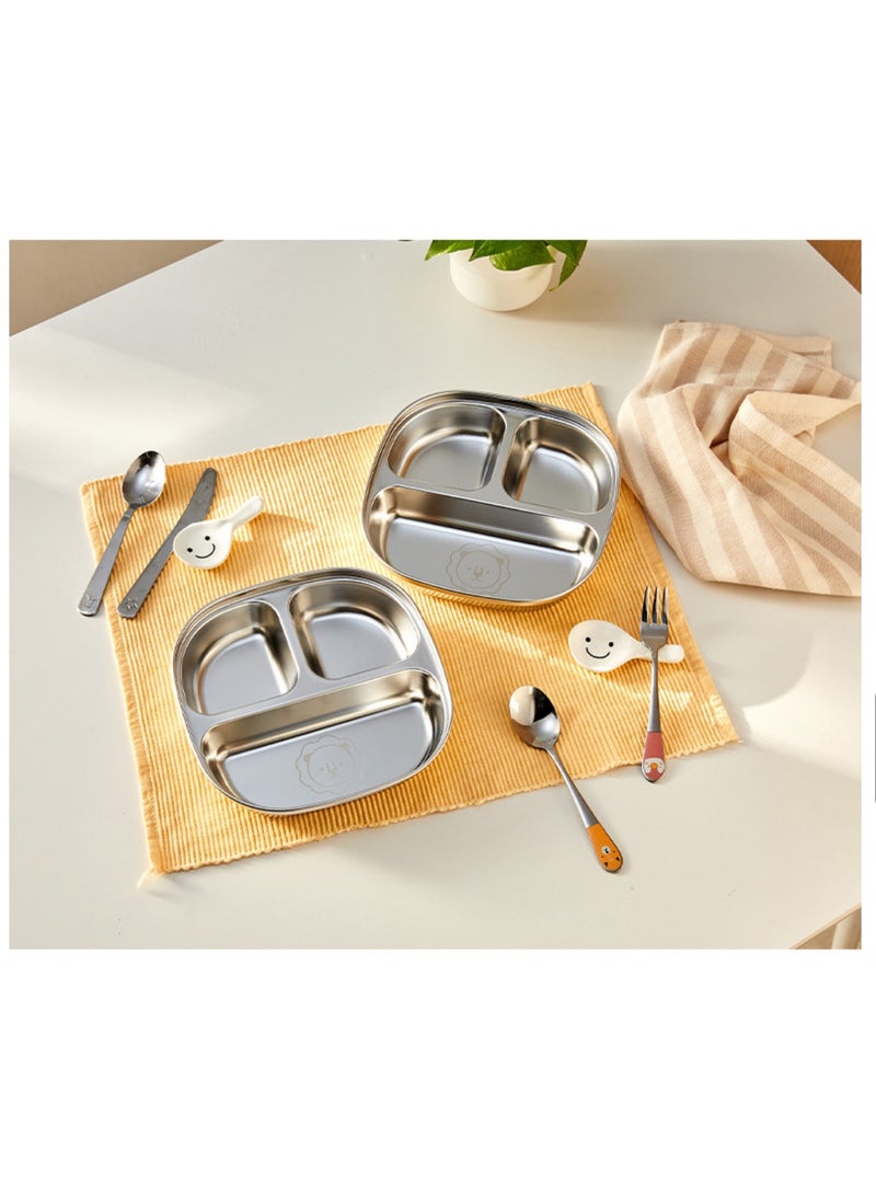 2 Pcs Made in Korea Stainless Steel Kids Plates 3 Sections Divided Unbreakable Dinner Plates Cute Shape bowls for Babies, Toddlers and Kids Lunch, Portion Control, Camping - Image 1