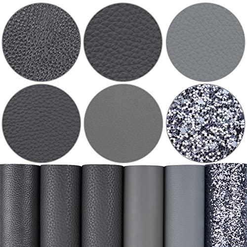 Litchi 6 Pack 8x12 Inch Faux Leather Sheets for Bow Earring, Easy to Cut Vinyl Fabric for Cricut, Durable Fade Resistant Leatherette Without Smell, Dark Gray - Image 1