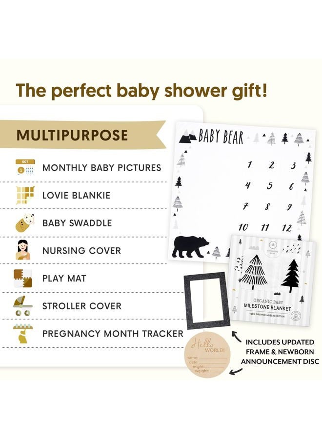 Pondering Pine Organic Baby Monthly Milestone Blanket Boy - Baby Bear Months Blanket with Month Marker Frame and Newborn Announcement Disc - Growth Age Blanket for 1-12 Months Milestones, Woodland, 47”x47” - Image 5