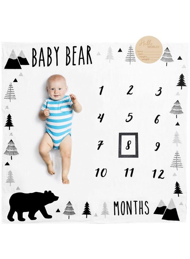 Pondering Pine Organic Baby Monthly Milestone Blanket Boy - Baby Bear Months Blanket with Month Marker Frame and Newborn Announcement Disc - Growth Age Blanket for 1-12 Months Milestones, Woodland, 47”x47” - Image 1