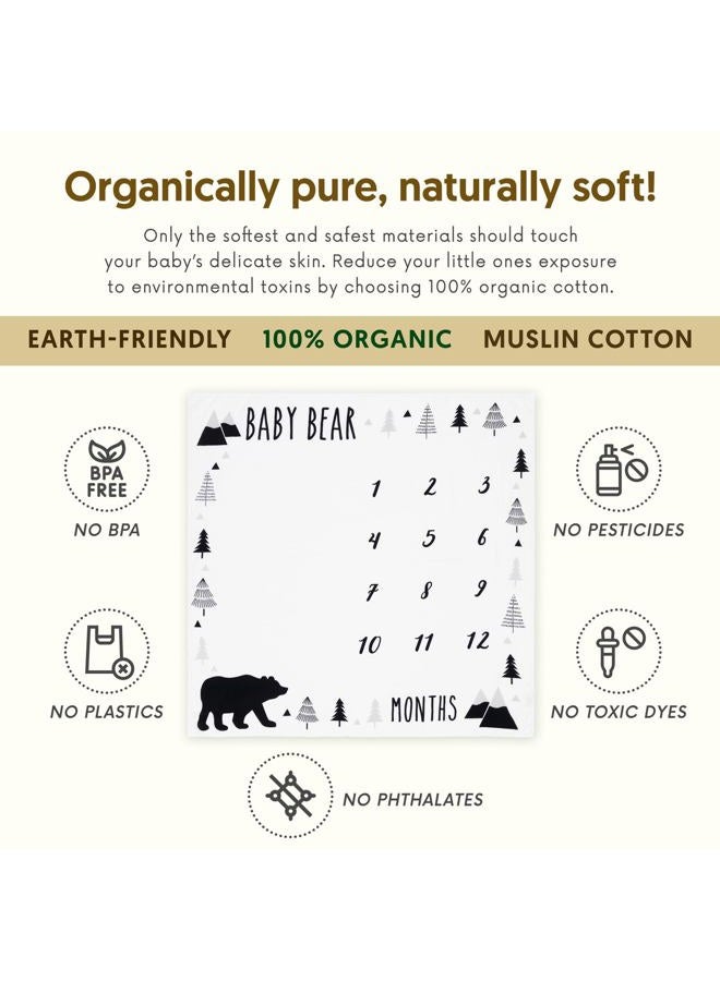 Pondering Pine Organic Baby Monthly Milestone Blanket Boy - Baby Bear Months Blanket with Month Marker Frame and Newborn Announcement Disc - Growth Age Blanket for 1-12 Months Milestones, Woodland, 47”x47” - Image 3