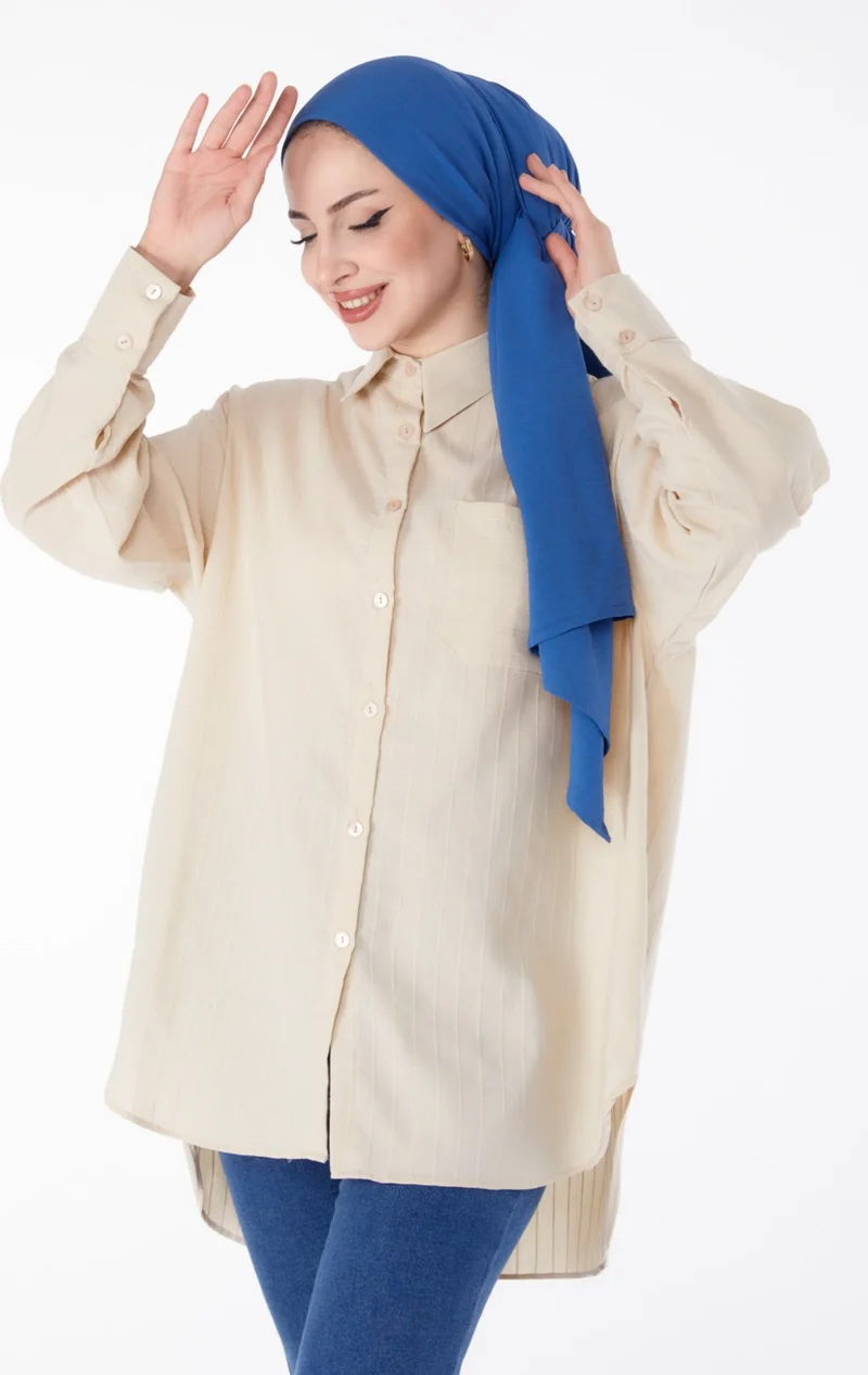 Tofisa Plain Shirt Collar Women's Beige Single Pocket Striped Tunic - 25496