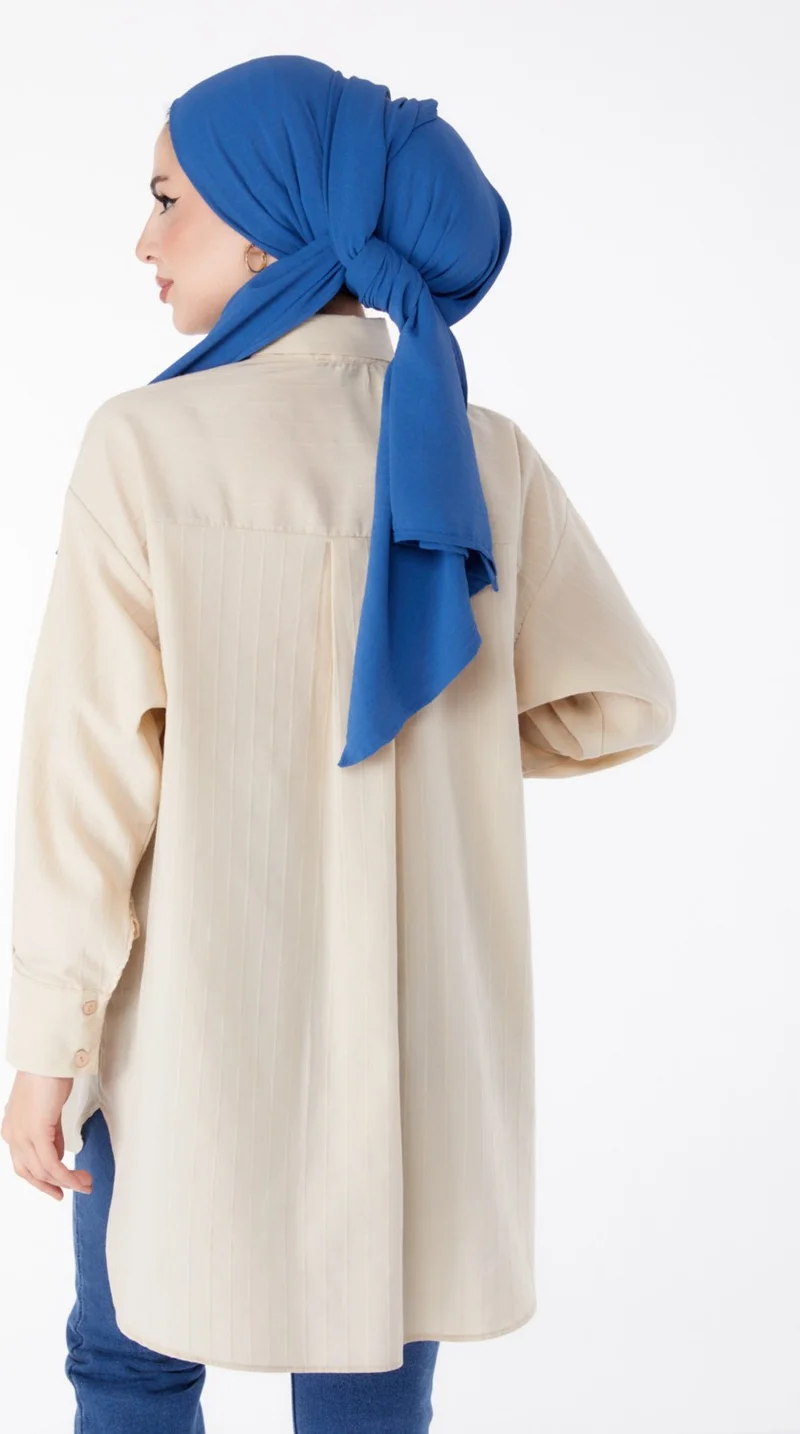 Tofisa Plain Shirt Collar Women's Beige Single Pocket Striped Tunic - 25496