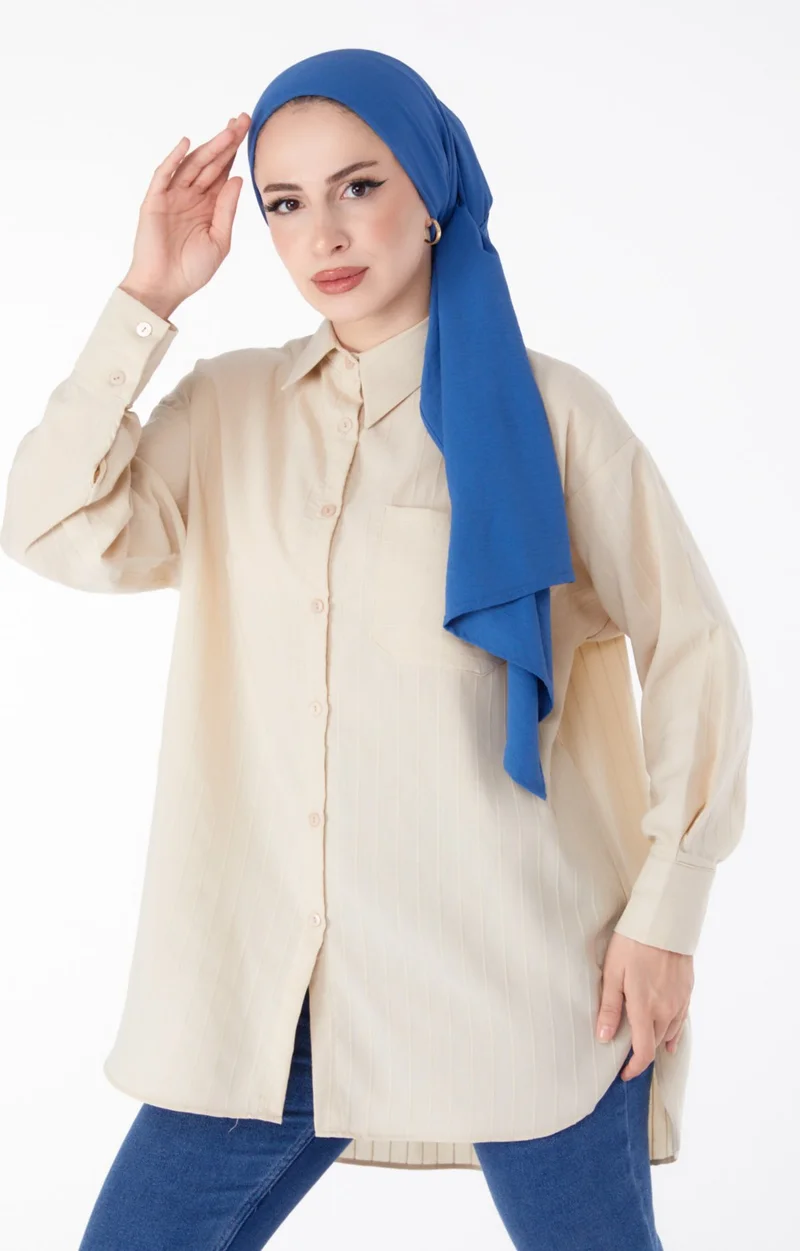 Tofisa Plain Shirt Collar Women's Beige Single Pocket Striped Tunic - 25496