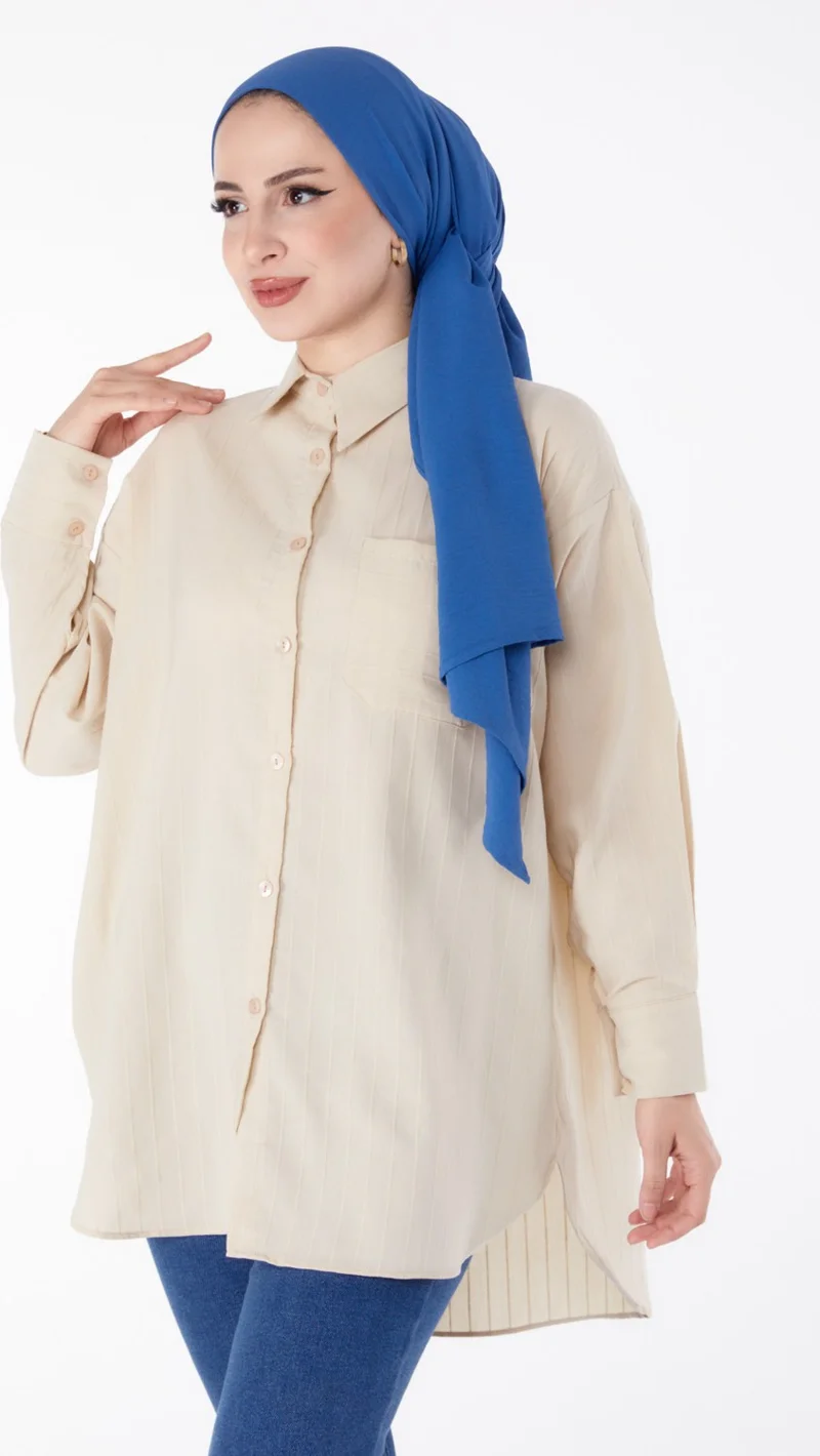 Tofisa Plain Shirt Collar Women's Beige Single Pocket Striped Tunic - 25496