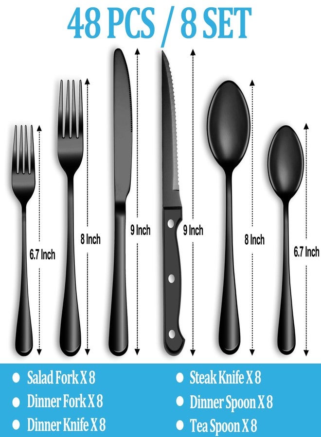 MUTNITT 48 Pcs Black Silverware Set with Steak Knives, Stainless Steel Flatware Cutlery Set Service for 8, Kitchen Tableware Set, Utensil Set for Home and Restaurant, Knives Forks Spoon Set, Dishwasher Safe - Image 2