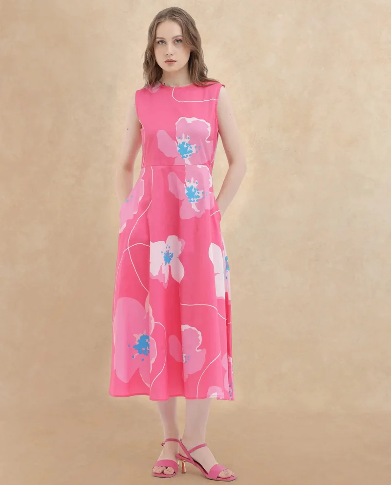 Rareism Women's Floral Print Sleeveless Brunch Dress