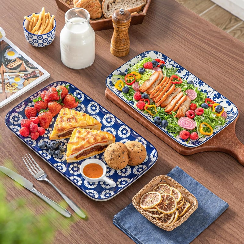 vancasso Serving Platters Set of 3, 16"/14"/12" Inch Rectangular Trays - Serving Platter Extra Large, Ceramic Serving Dish for for Food, Microwave & Dishwasher Safe, Vintage Blue - Image 3