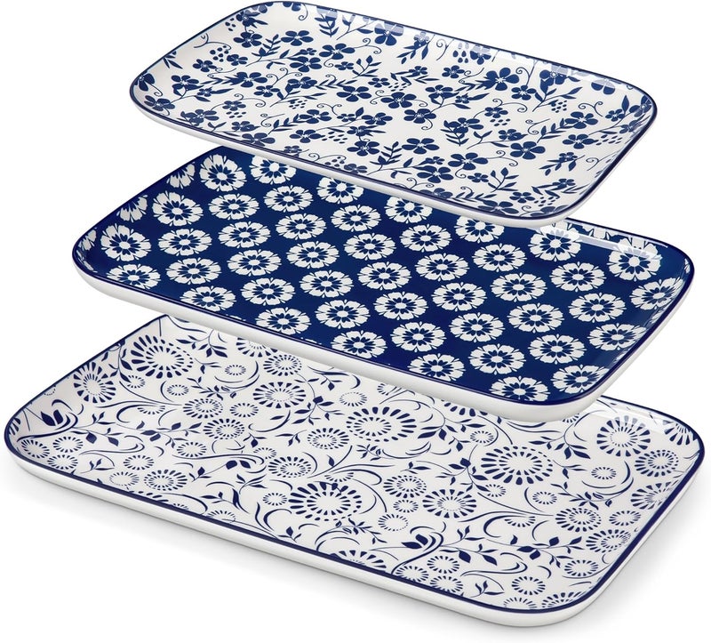 vancasso Serving Platters Set of 3, 16"/14"/12" Inch Rectangular Trays - Serving Platter Extra Large, Ceramic Serving Dish for for Food, Microwave & Dishwasher Safe, Vintage Blue - Image 1