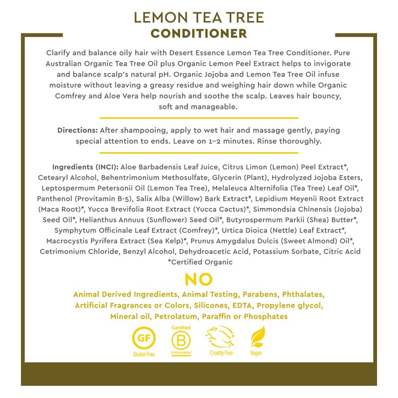 Desert Essence Conditioner, Lemon Tea Tree, Clarifying Provitamin B5, Organic Lemon Peel Extract & Nourishing Aloe - Purifying, Moisturizing, Soothing - Vegan, Sulfate-Free, Cruelty-Free - 8oz - Image 3