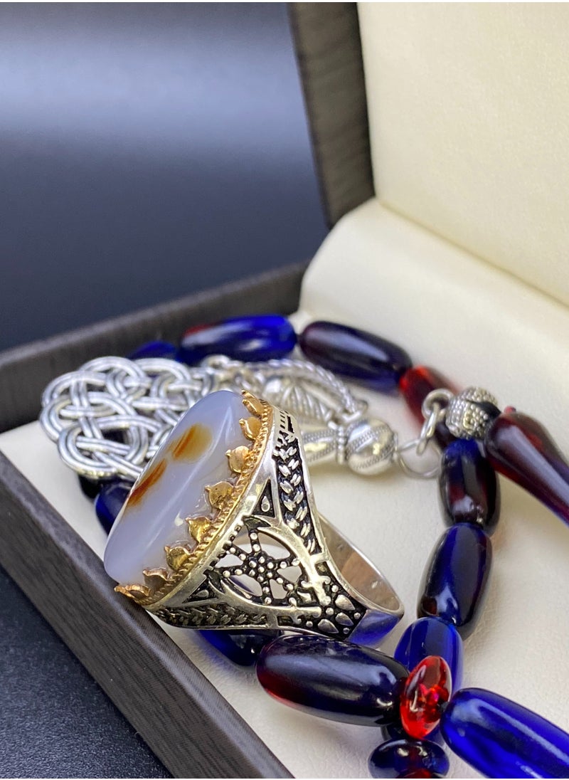 Generic - Men's Silver Ring Natural Yemeni Aqeeq 925 Royal Gemstone Rings New Set Royal Crafting Gift Rosary Rosary For Man Luxury Packaging Luxury Men's Gift Sets A10 - Image 1