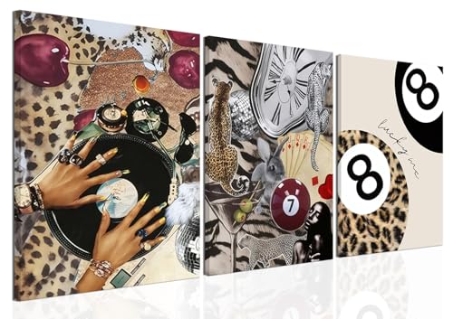 ZeeYiFyn Trendy Leopard Wall Art Set of 3 Cheetah Canvas Aesthetic Wall Decor Funky Black Girl 8 Ball Lucky Poster Prints Pictures Artwork for Bedroom Living Room 12x16 Inch Framed - Image 1