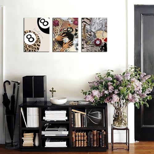 ZeeYiFyn Trendy Leopard Wall Art Set of 3 Cheetah Canvas Aesthetic Wall Decor Funky Black Girl 8 Ball Lucky Poster Prints Pictures Artwork for Bedroom Living Room 12x16 Inch Framed - Image 3