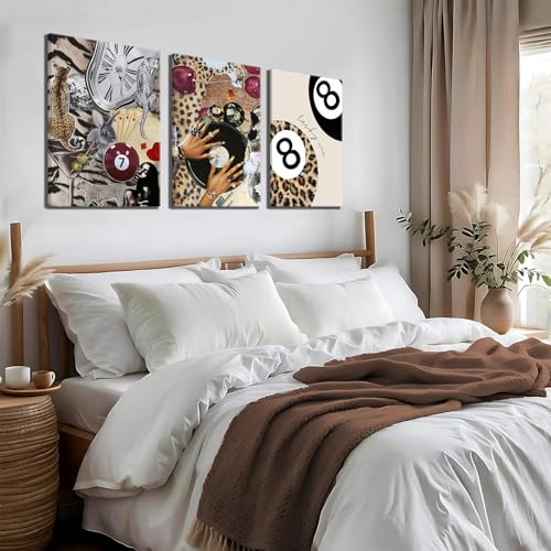 ZeeYiFyn Trendy Leopard Wall Art Set of 3 Cheetah Canvas Aesthetic Wall Decor Funky Black Girl 8 Ball Lucky Poster Prints Pictures Artwork for Bedroom Living Room 12x16 Inch Framed - Image 2