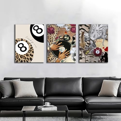ZeeYiFyn Trendy Leopard Wall Art Set of 3 Cheetah Canvas Aesthetic Wall Decor Funky Black Girl 8 Ball Lucky Poster Prints Pictures Artwork for Bedroom Living Room 12x16 Inch Framed - Image 4