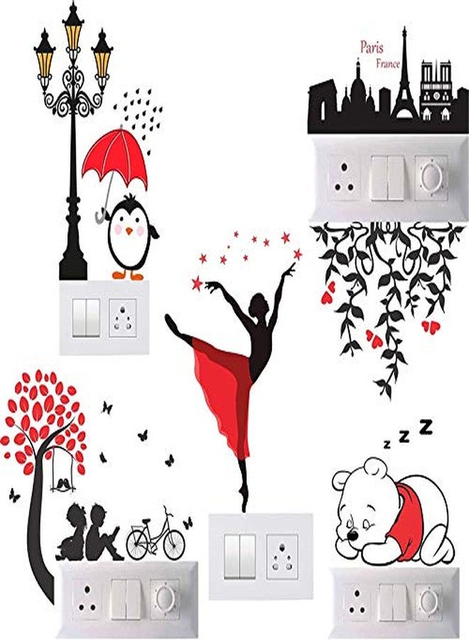 Byte Shop Decorative Small Switch Penal/Board décor Wall Sticker of Dancing Girl, Standing panguin, Sleeping Bear, Love Peris, Couple and Floral Branch Decal self Adhesive (PVC Vinyl Multicolor) - Image 1
