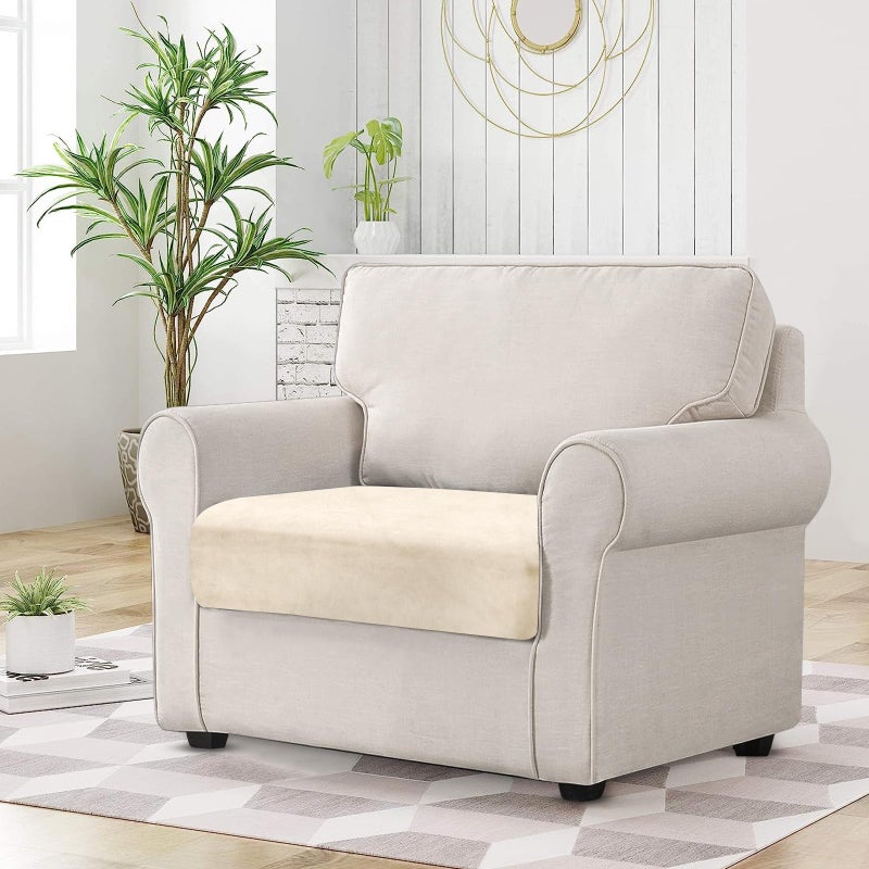 BT.WA Couch Cushion Cover Velvet 1 Piece Seat Cushion Cover Stretch Armchair Cover Separate Sectional Sofa Slipcovers Furniture Protector (1-Seater or Sofa Backrest  Milk White) - Image 2