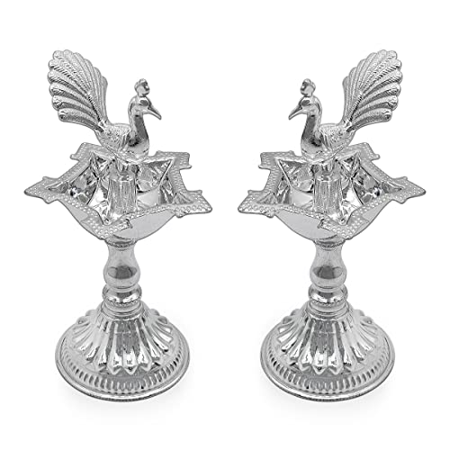 MAA SILVER Pure Silver Pack of 2 Diya Samai with Peacock at Centre & Unique Design BIS Hallmarked Perfect for Gifting and Pooja Use (92.5 Purity)(120 Grams Silver) - Image 1