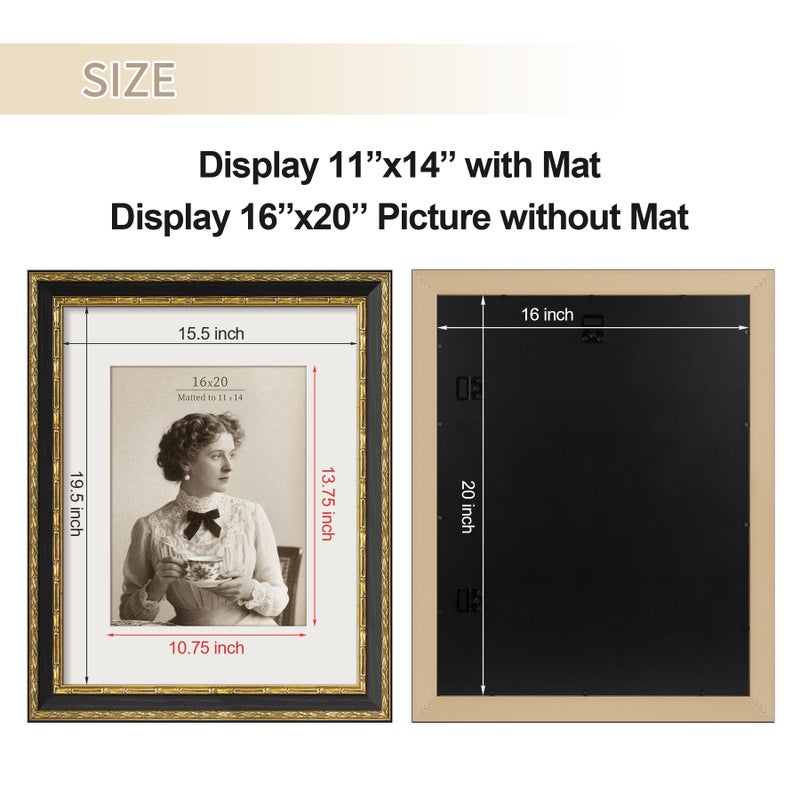 FrameMind Vintage 16x20 Picture Frame, Ornate Antique Gold 16x20 Frame, Display 11x14 with Mat or 16 x 20 without Mat for landscape or Portrait, Gallery Wall Decor for Home (Black/Gold, Single) - Image 5