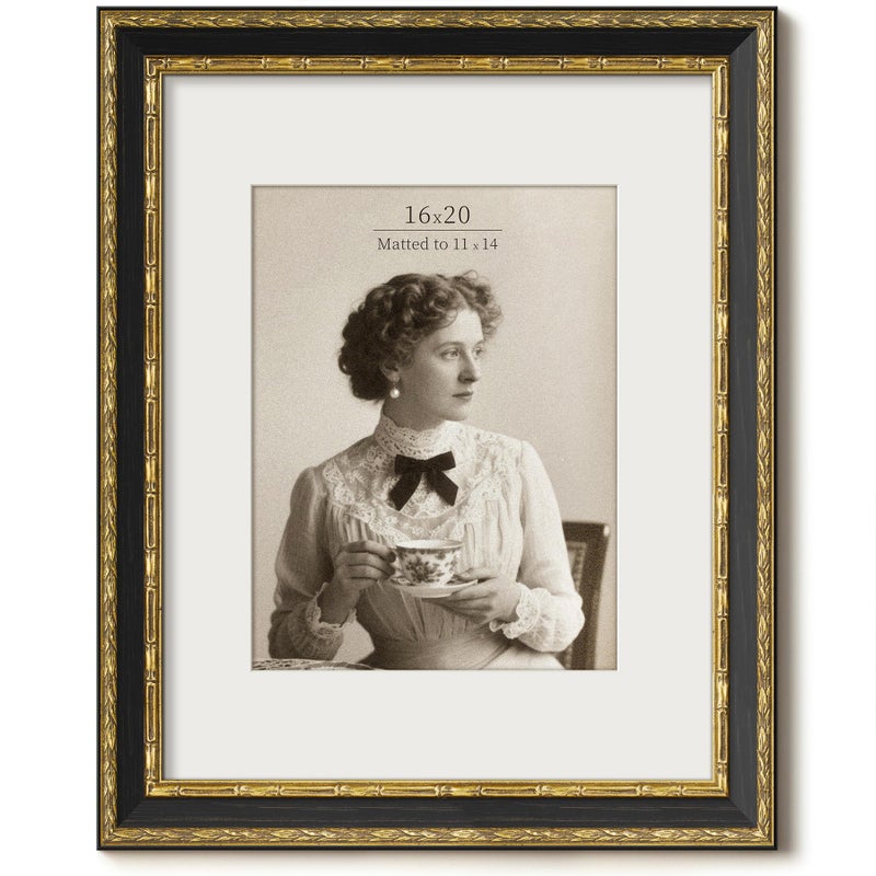 FrameMind Vintage 16x20 Picture Frame, Ornate Antique Gold 16x20 Frame, Display 11x14 with Mat or 16 x 20 without Mat for landscape or Portrait, Gallery Wall Decor for Home (Black/Gold, Single) - Image 1