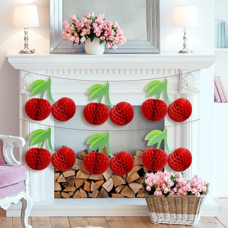Sonwyoung Cherry Birthday Party Decorations Hanging Paper Honeycomb Cherry Table Centerpieces Paper Lanterns for Ceiling Fruit Party Decor(Red) - Image 4