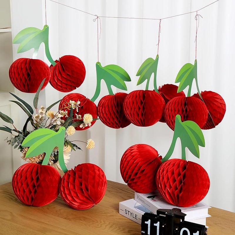 Sonwyoung Cherry Birthday Party Decorations Hanging Paper Honeycomb Cherry Table Centerpieces Paper Lanterns for Ceiling Fruit Party Decor(Red) - Image 1