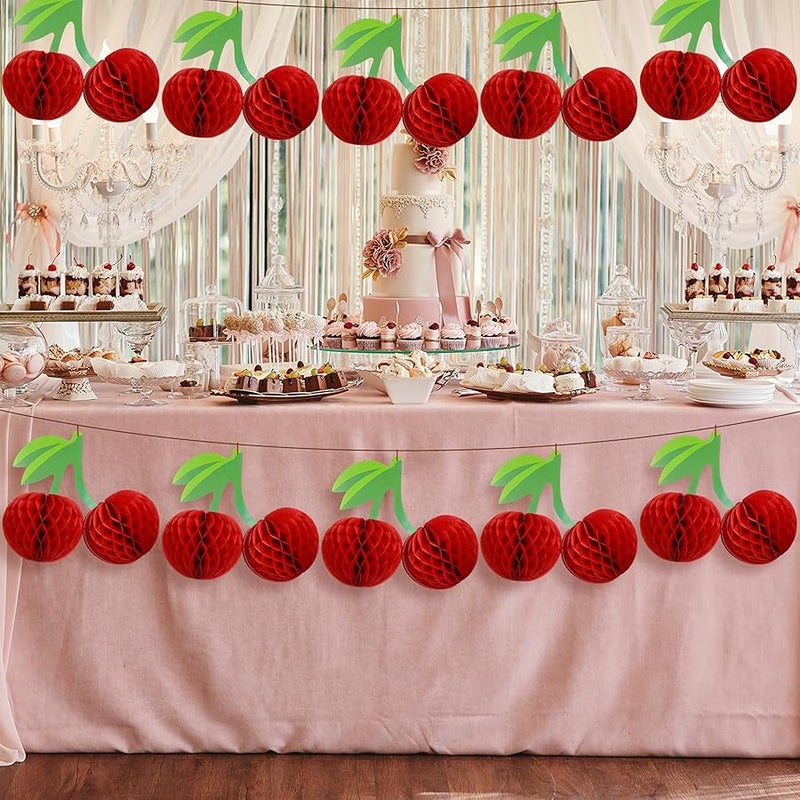 Sonwyoung Cherry Birthday Party Decorations Hanging Paper Honeycomb Cherry Table Centerpieces Paper Lanterns for Ceiling Fruit Party Decor(Red) - Image 3