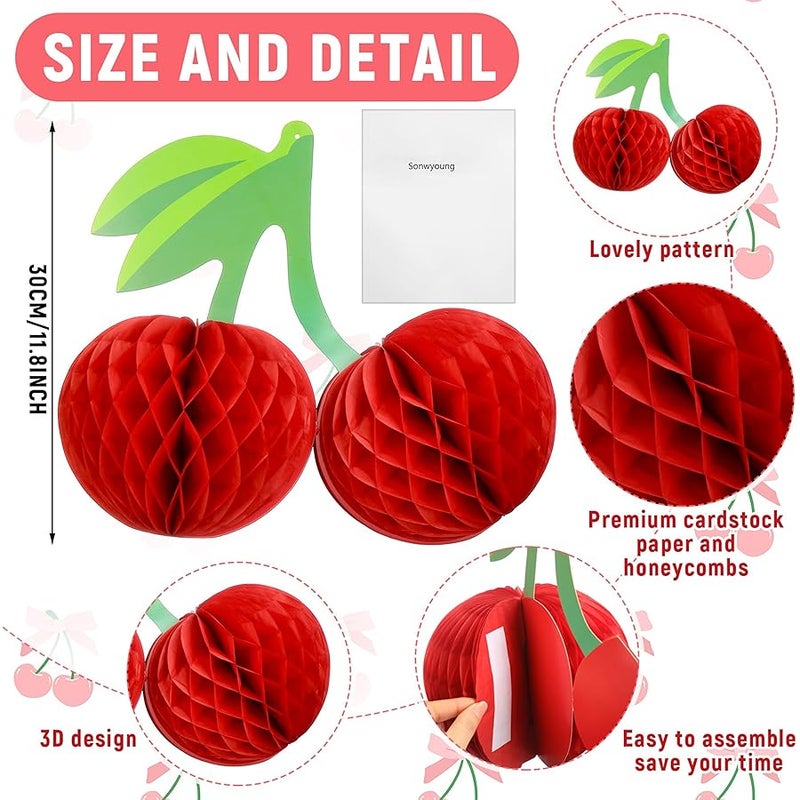 Sonwyoung Cherry Birthday Party Decorations Hanging Paper Honeycomb Cherry Table Centerpieces Paper Lanterns for Ceiling Fruit Party Decor(Red) - Image 2