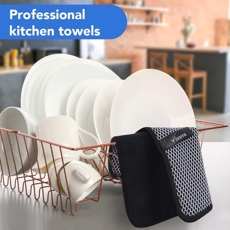 VIVOTE Microfibre Dish Cloth Cleaning Cloth with Poly Mesh Scouring Side, Thick, Absorbent, Reusable Household Cloth, Kitchen Dough Cleaning Cloth, Mesh Cloth, Pack of 12, 20 cm x 20 cm, Black - Image 4