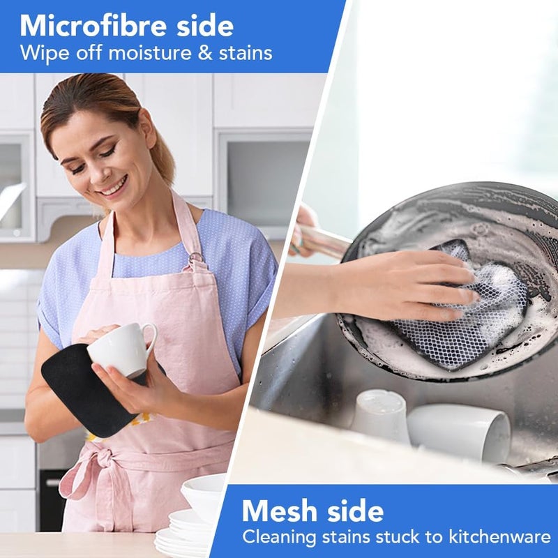 VIVOTE Microfibre Dish Cloth Cleaning Cloth with Poly Mesh Scouring Side, Thick, Absorbent, Reusable Household Cloth, Kitchen Dough Cleaning Cloth, Mesh Cloth, Pack of 12, 20 cm x 20 cm, Black - Image 2