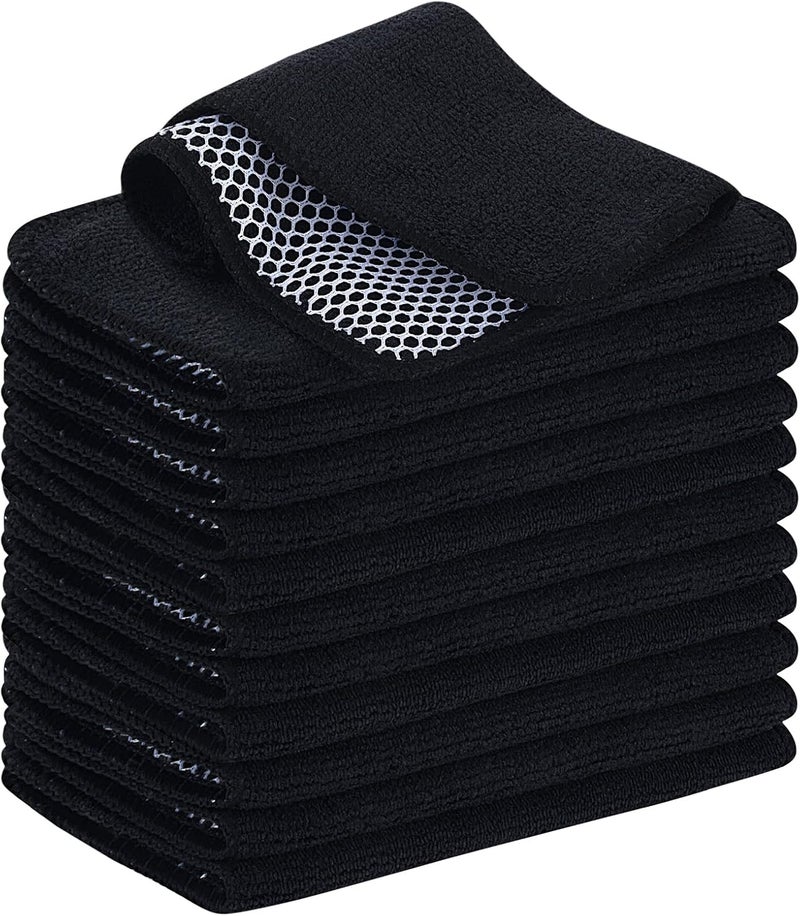VIVOTE Microfibre Dish Cloth Cleaning Cloth with Poly Mesh Scouring Side, Thick, Absorbent, Reusable Household Cloth, Kitchen Dough Cleaning Cloth, Mesh Cloth, Pack of 12, 20 cm x 20 cm, Black - Image 1