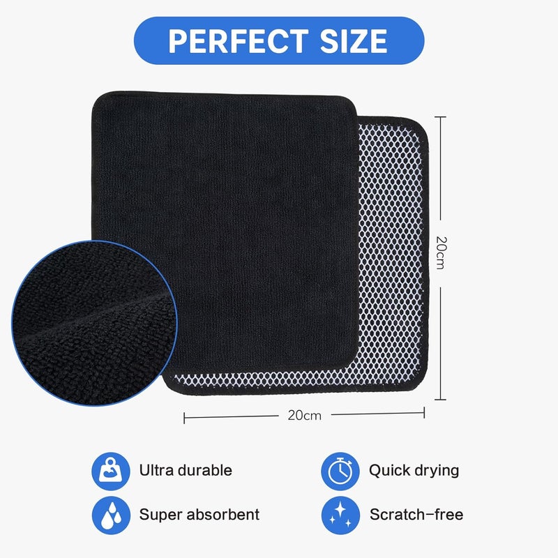 VIVOTE Microfibre Dish Cloth Cleaning Cloth with Poly Mesh Scouring Side, Thick, Absorbent, Reusable Household Cloth, Kitchen Dough Cleaning Cloth, Mesh Cloth, Pack of 12, 20 cm x 20 cm, Black - Image 5