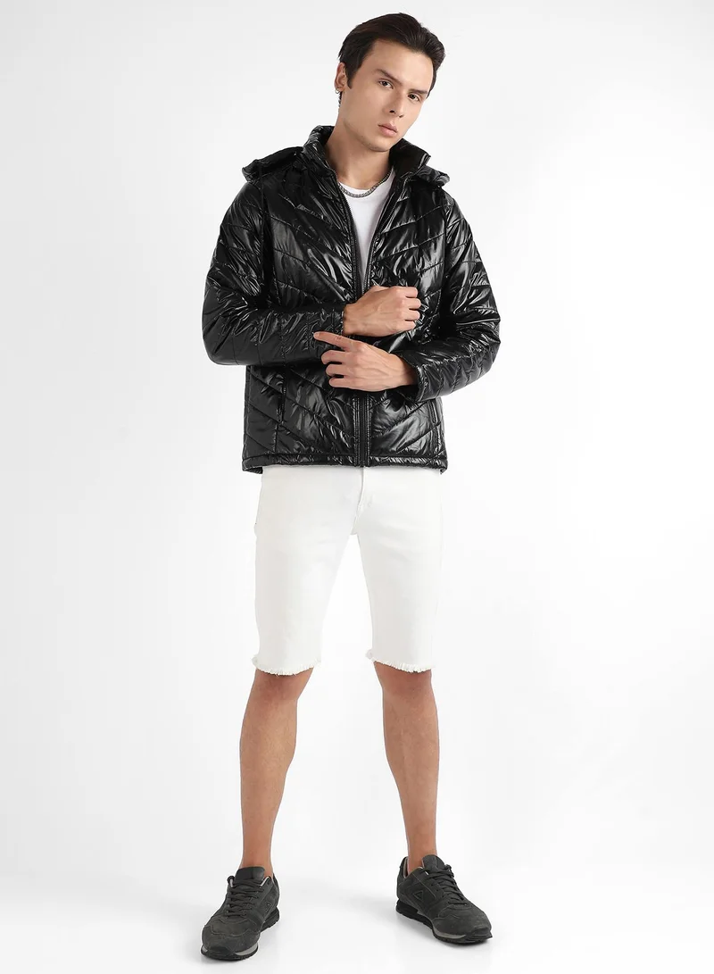 Campus Sutra Men's Black Zip-Front Quilted Puffer Jacket