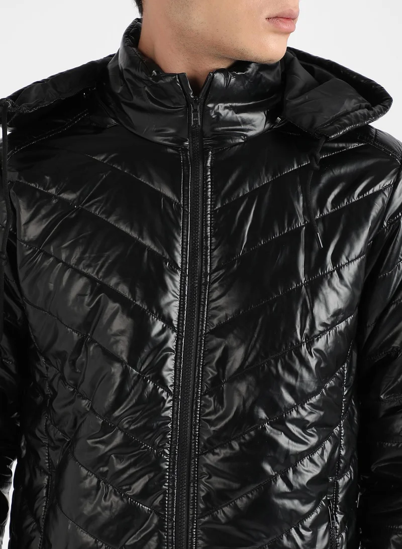 Campus Sutra Men's Black Zip-Front Quilted Puffer Jacket