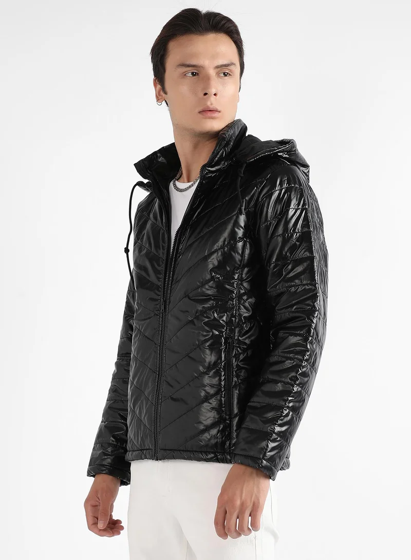 Campus Sutra Men's Black Zip-Front Quilted Puffer Jacket