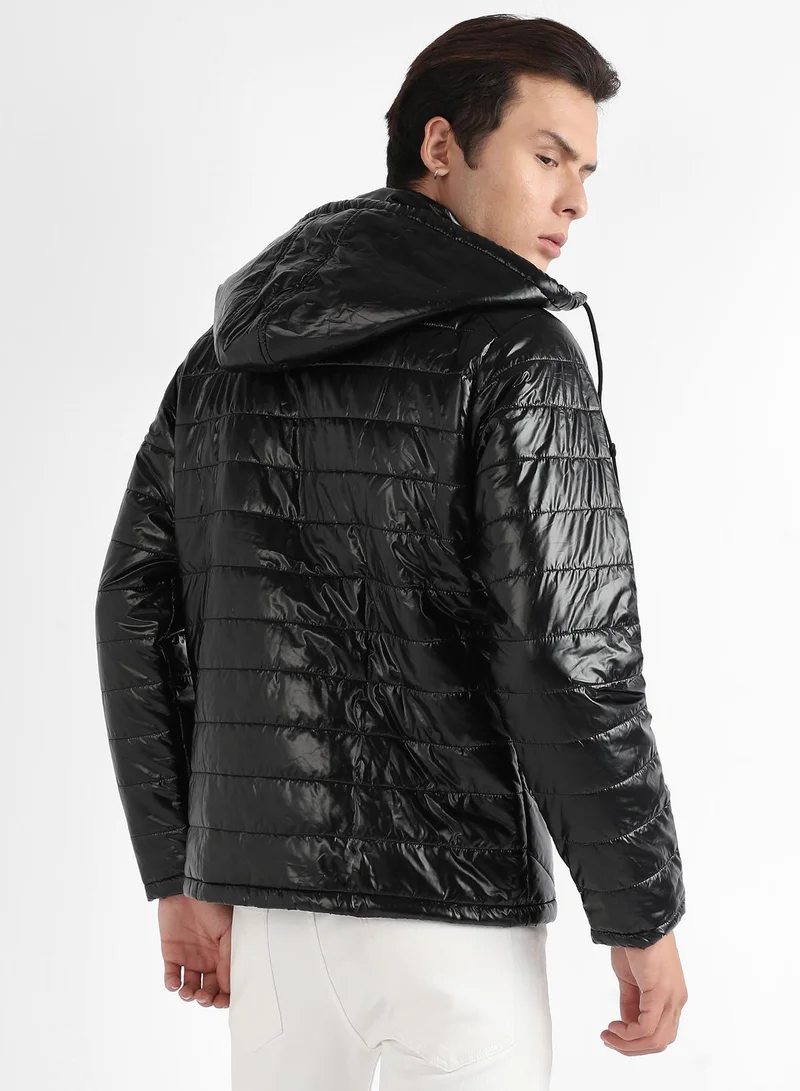 Campus Sutra Men's Black Zip-Front Quilted Puffer Jacket
