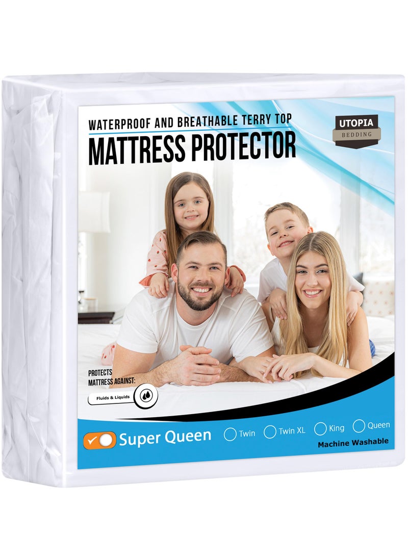 Utopia Bedding Utopia Bedding Waterproof Mattress Protector Super Queen Size  Premium Terry Mattress Cover 200 GSM  Breathable  Fitted Style with Stretchable Pockets (White)  - Image 1