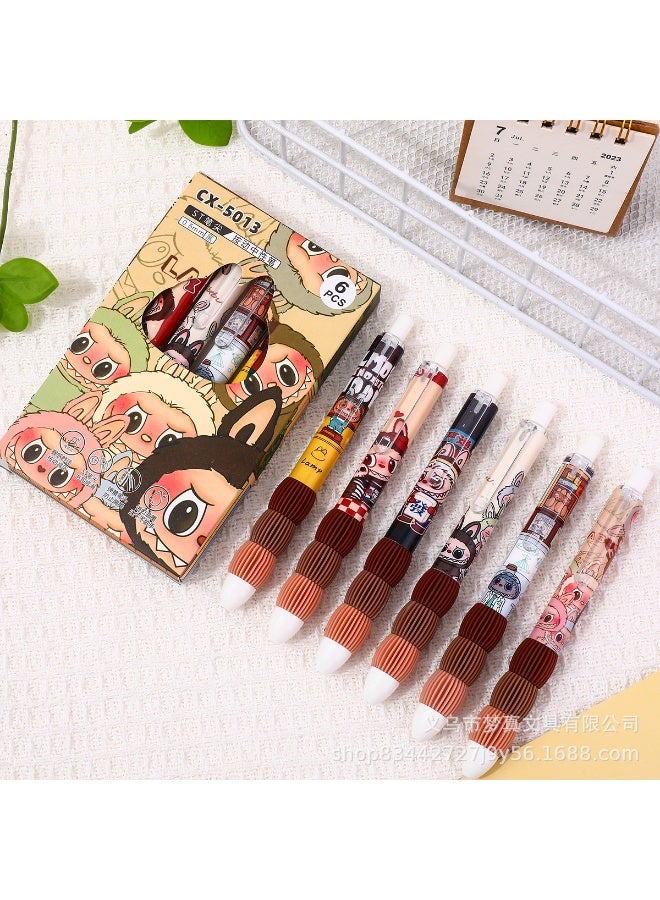 لابوبو مجموعة من 6 أقلام جل سريعة الجفاف من لابو، قلم أسود كربوني، قلم مائي برسومات كرتونية - Image 1