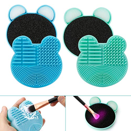 TailaiMei 2 Pack Makeup Brush Cleaning Mat with Color Removal Sponge, 2 in 1 Design Silicone Cleaner Pad for Dry Brush Color Switch and Wet Cleaning (Blue&Green) - Image 1