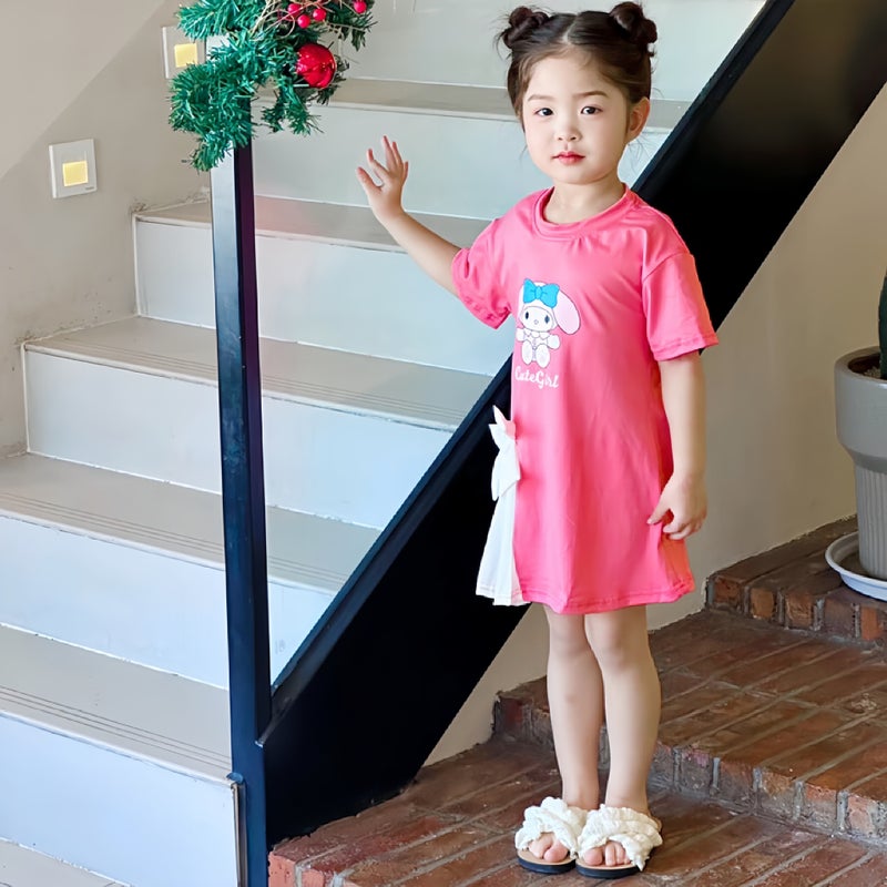 New 2024 Summer Dress New Girls Cartoon Cute dress Short-sleeved T-shirt Dress Princess Bow Dress for Girls Rose powder skirt [879#]#] 