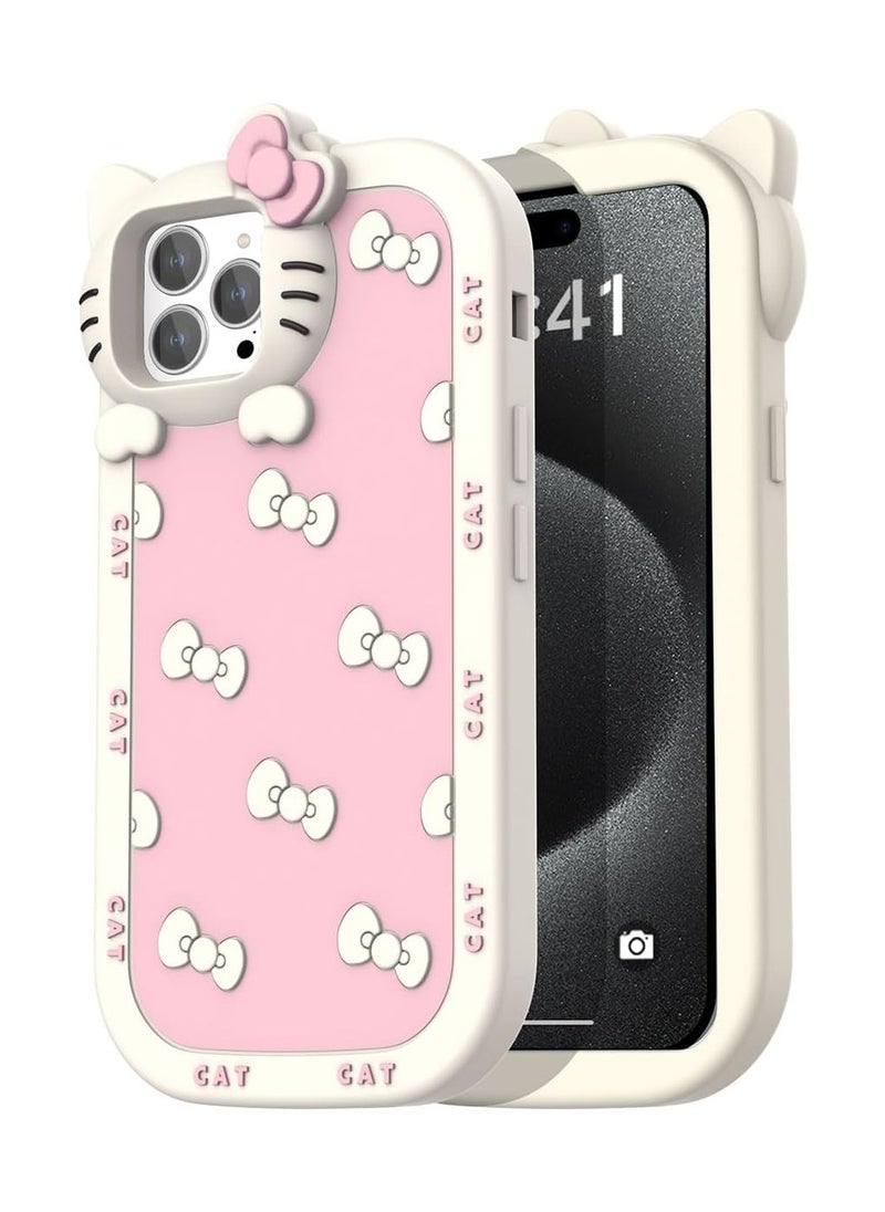 General Cartoon Cat Case for iPhone 16/15/14/13/12 Pro Max, Pink Bow Cute Kawaii College Style Girl Silicone Protective Phone Case for Women, Teens, Girls, Kids  - Image 1