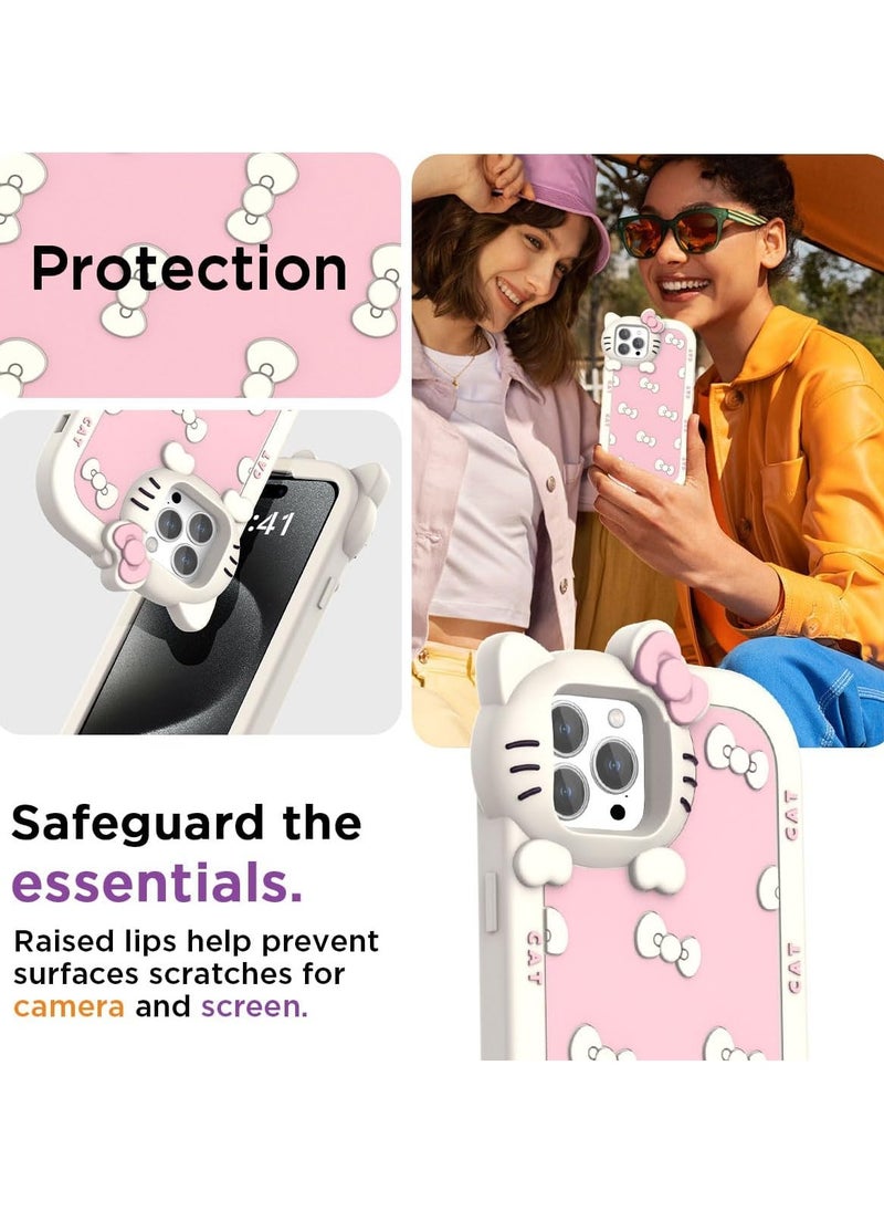 General Cartoon Cat Case for iPhone 16/15/14/13/12 Pro Max, Pink Bow Cute Kawaii College Style Girl Silicone Protective Phone Case for Women, Teens, Girls, Kids  - Image 3