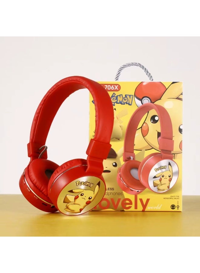 بوكيمون سماعة اطفال لاسلكية بوكيمون【سماعة اطفال 】بتصميم كرتوني لطيف【سماعات اطفال بلوتوث】 سماعة بلوتوث احمر مريحة وخفيفة مع دعم MP3 وFM - Image 3