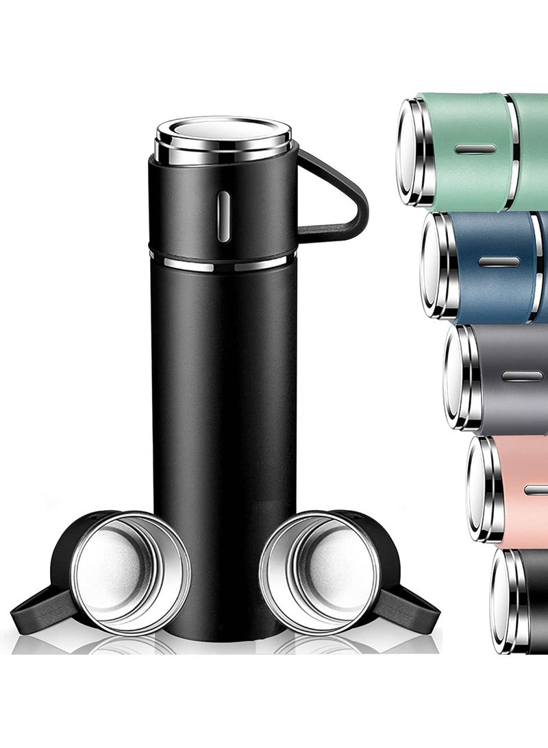 TIGER 500ml Stainless Steel Vacuum Thermos Flask with Silicone Handle – Insulated Water Bottle Set with 2 Stainless Steel Cups for Hot & Cold Drinks – Ideal for Outdoor Travel, Camping, Hiking | Gift Box Set (2 PACK) – Black - Image 1