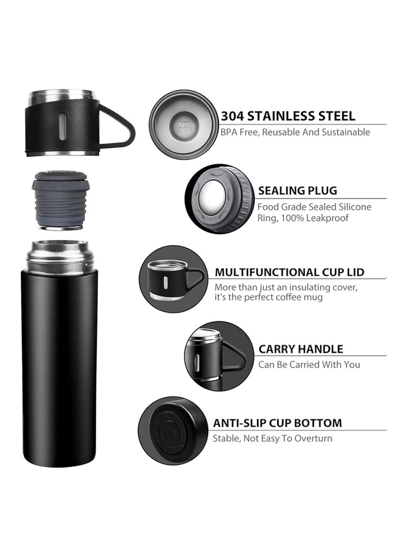 TIGER 500ml Stainless Steel Vacuum Thermos Flask with Silicone Handle – Insulated Water Bottle Set with 2 Stainless Steel Cups for Hot & Cold Drinks – Ideal for Outdoor Travel, Camping, Hiking | Gift Box Set (2 PACK) – Black - Image 2